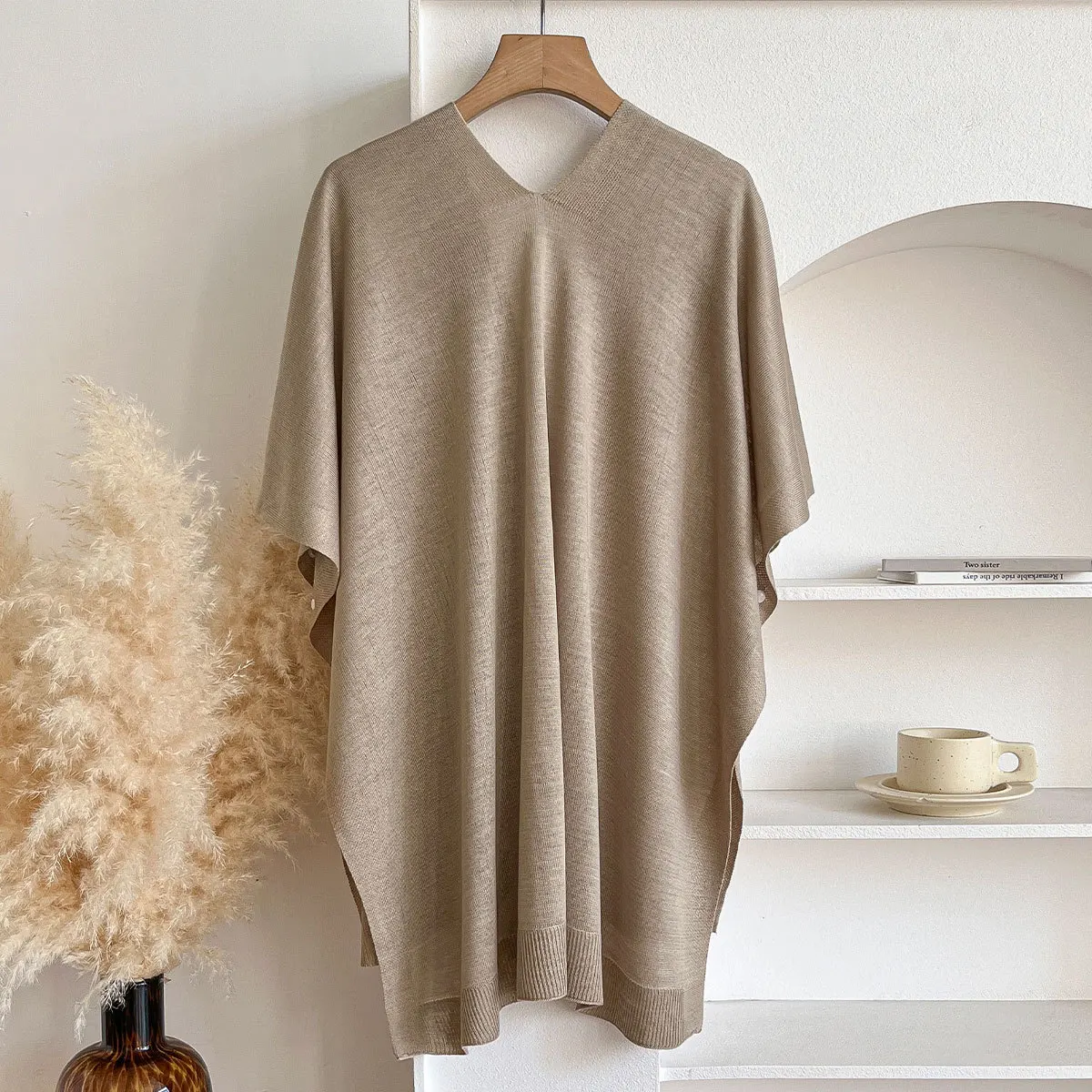 Women Knitted Cardigan Cape Ponchos Casual Loose Lightweight Slight Strech Capes Outerwear Thin Elegant Office Lady 2025 Ponchos
