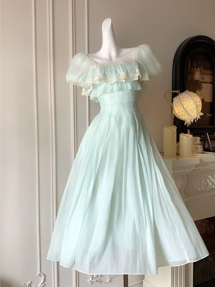 Französisches Vintage-Kleid in Unifarbe mit Quadratischem Ausschnitt für Damen, Elegantes Y2k Retro Süßes Mädchen Langes Kleid, Bodycon mit Spitzenpatchwork, Neu 2026