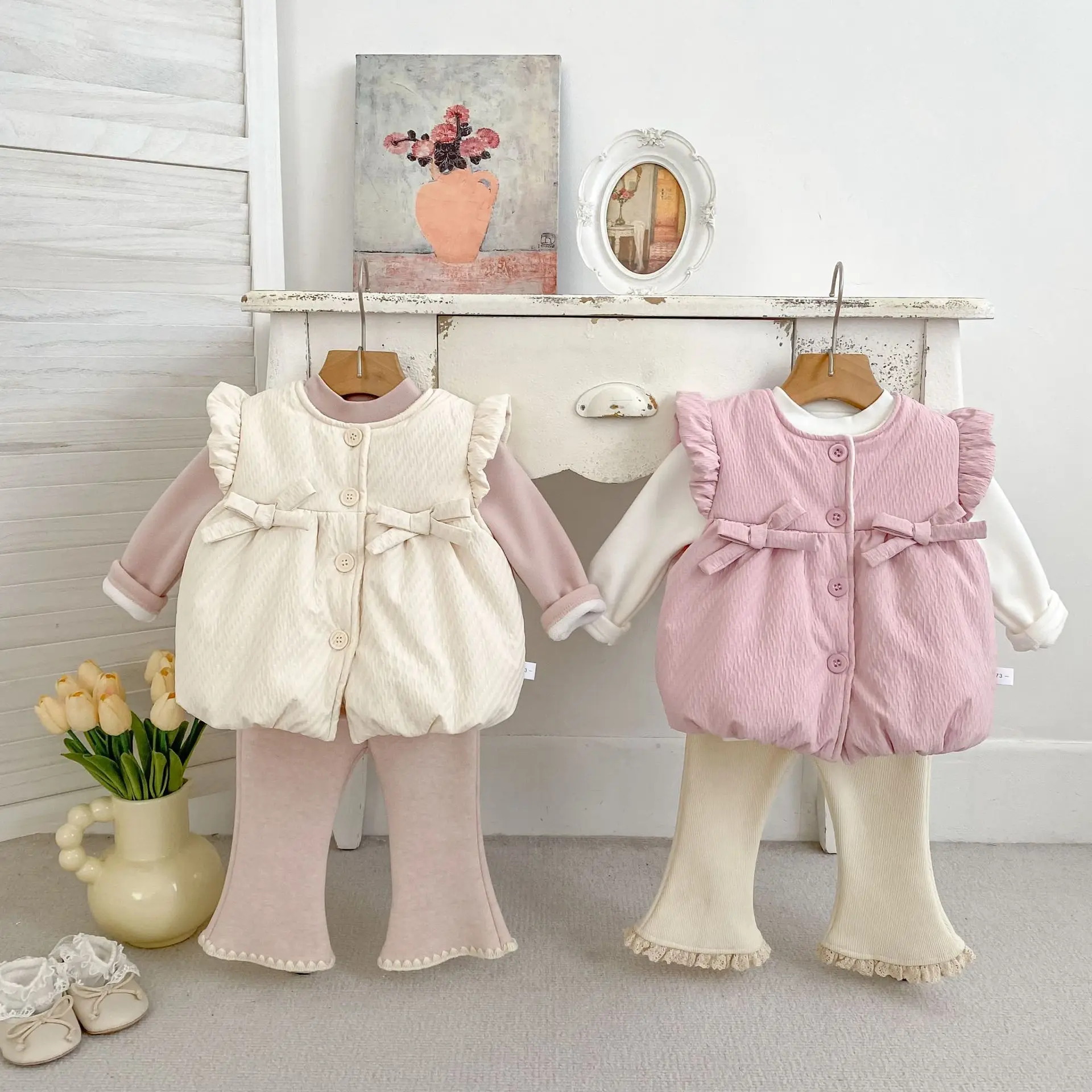 INS Baby Girl Winter Thick Vest Girl Bow Vest Jacket Thick Cardigan Vest Three Piece Set