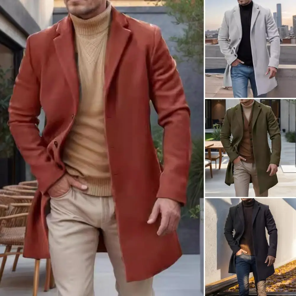 Casaco de lã de comprimento médio masculino com lapela, outwear de peito único, quente, elegante, monocromático, outono, inverno, calor