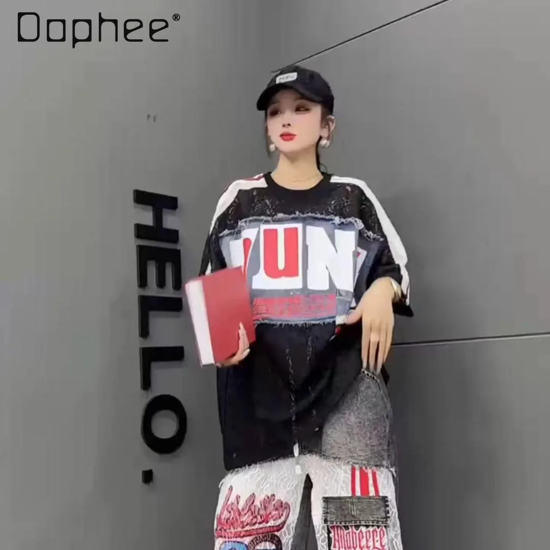 

Women's Oversized Punk T-Shirt 2026 Summer New Lace Mesh Denim Patchwork Top with Letter Print