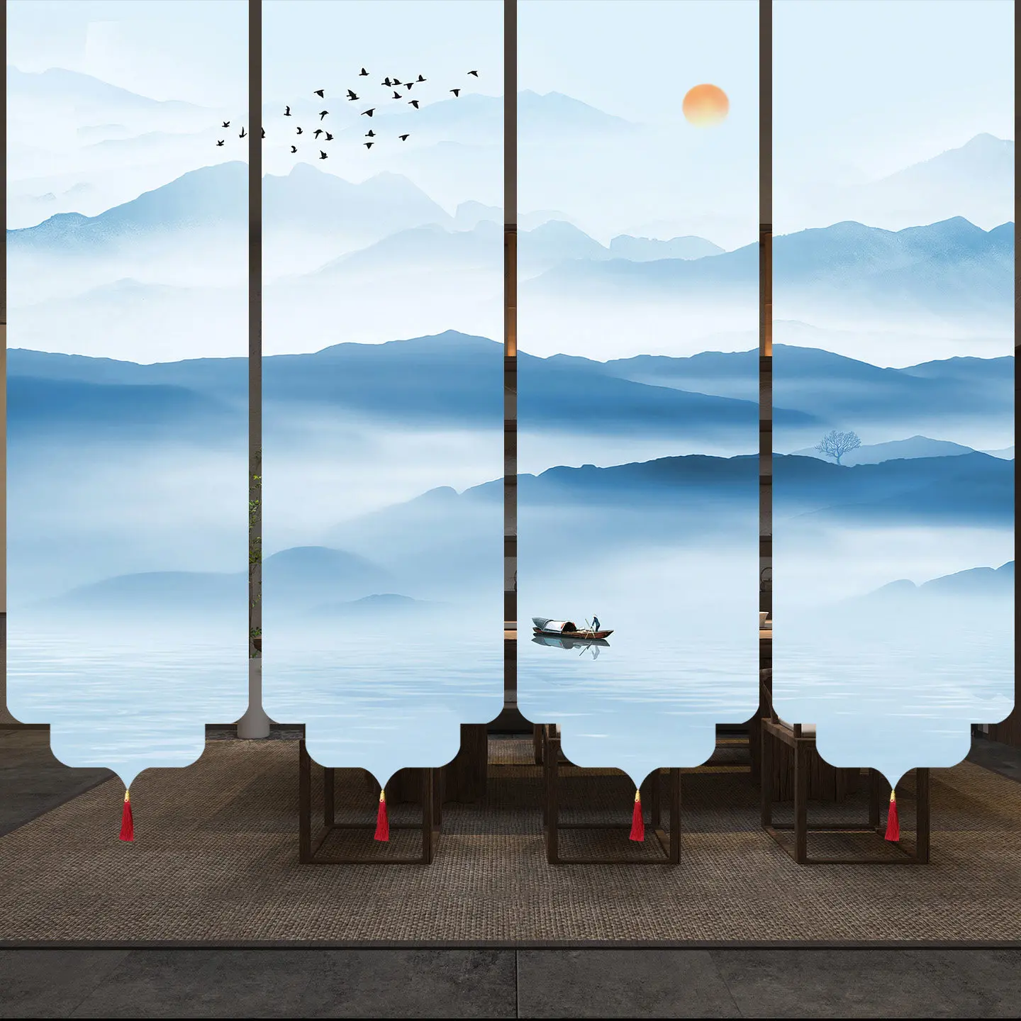 Japandi Window Drape​ Semi Transparent Gauze Chinese Ink Mountain & Sunrise for Wabi Sabi Living Room Zen Decor Dopamine Detox