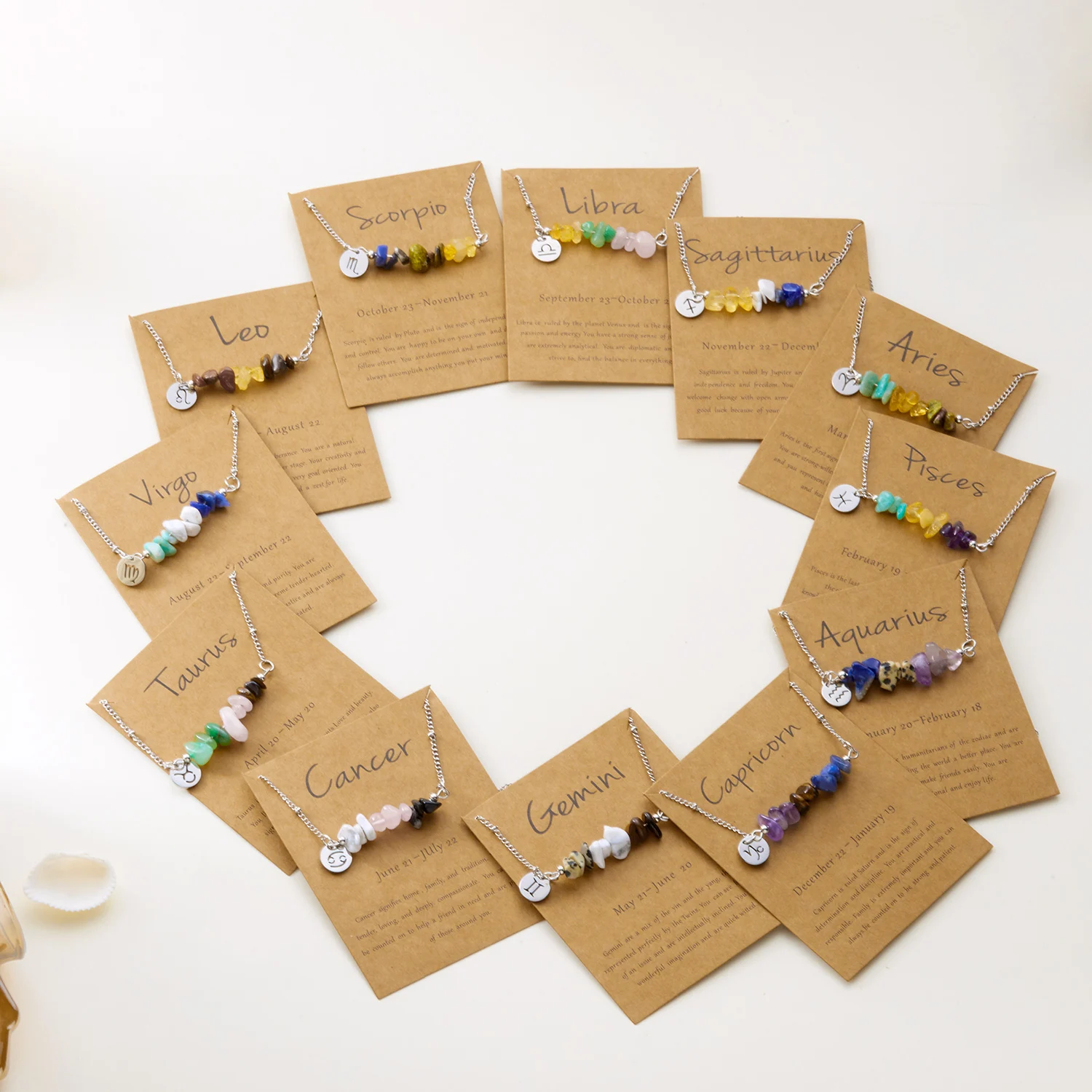 12-Sternzeichen-Sternbild-Halskette für Männer und Frauen, Edelstahl, natürlicher unregelmäßiger Stein, Perlen-Halsband, Party-Geburtstagsgeschenke – Detail 2