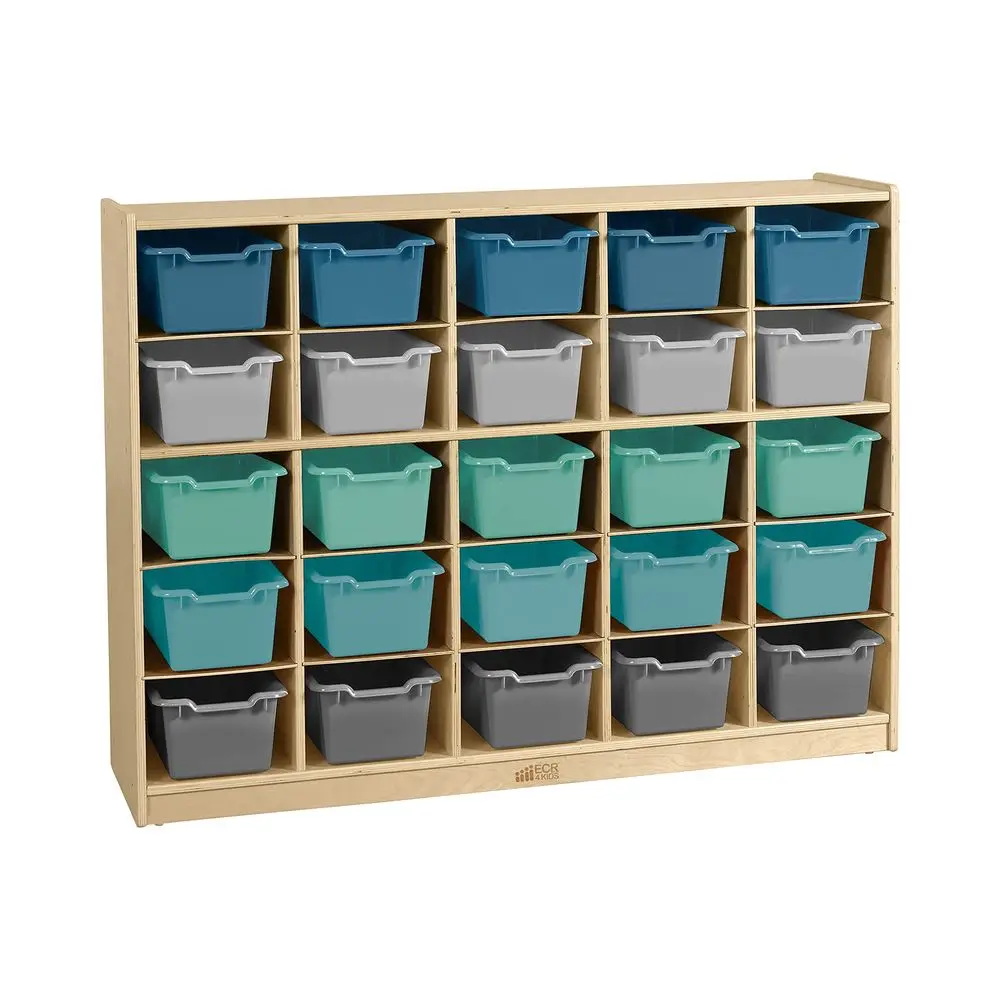 

25 Cubby Tray Cabinet with Scoop Front Storage Bins, Natural, Classroom Furniture, Contemporary