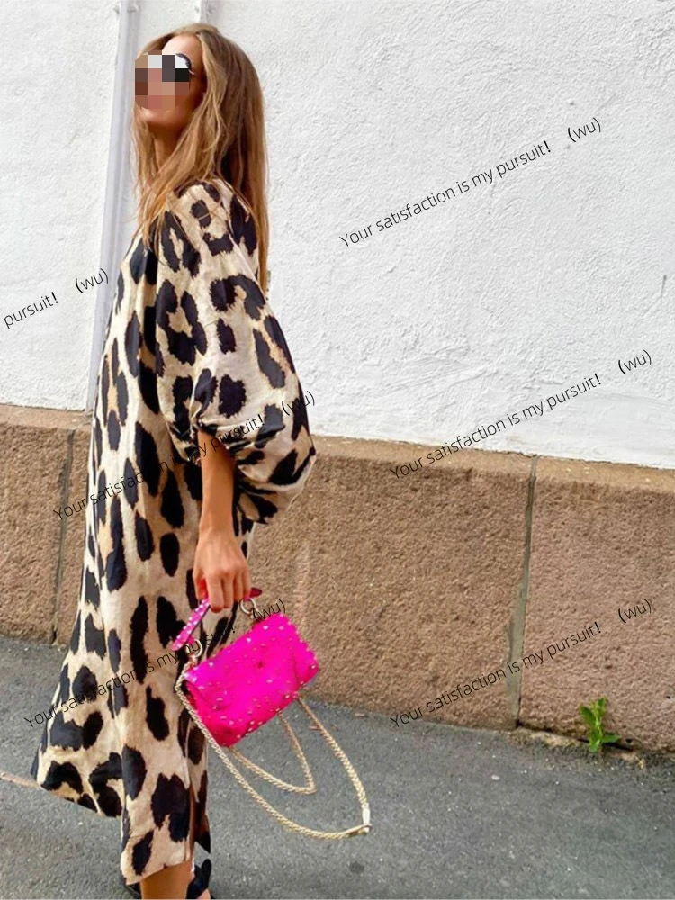 

ZOCI-Fashion женское повседневное платье с леопардовым принтом, новое свободное платье с расклешенными рукавами и v-образным вырезом