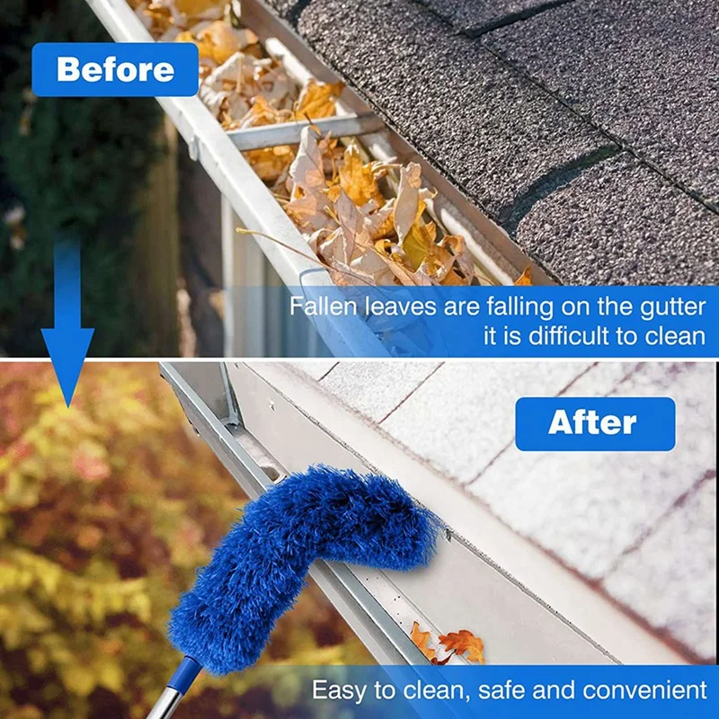 2X Gutter Cleaning Brush Roofing Tool With Telescopic Extendable Pole 8.2Ft Guard Cleaner Tool Easy Remove Leave, Blue