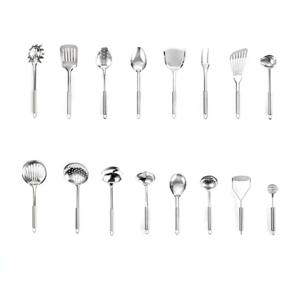 Durable Stainless Steel Kitchenware Set Heat Resistant Spatula Soup Ladle Slotted Spoon Essential Cooking Tools