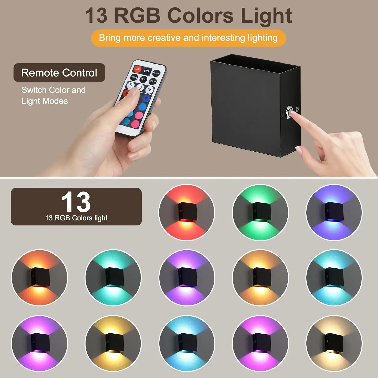 Lightess RGB Battery Operated Wall Sconce with Remote, Dimmable Light Rechargeable, Up Down Wall Mount Lights for Living Room