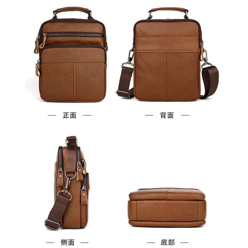 Men Crossbody Bag with Multiple Zipper Pockets Genuine Cowhide Leather Detachable Strap Top Handle Casual Daily Use Shoulder Bag
