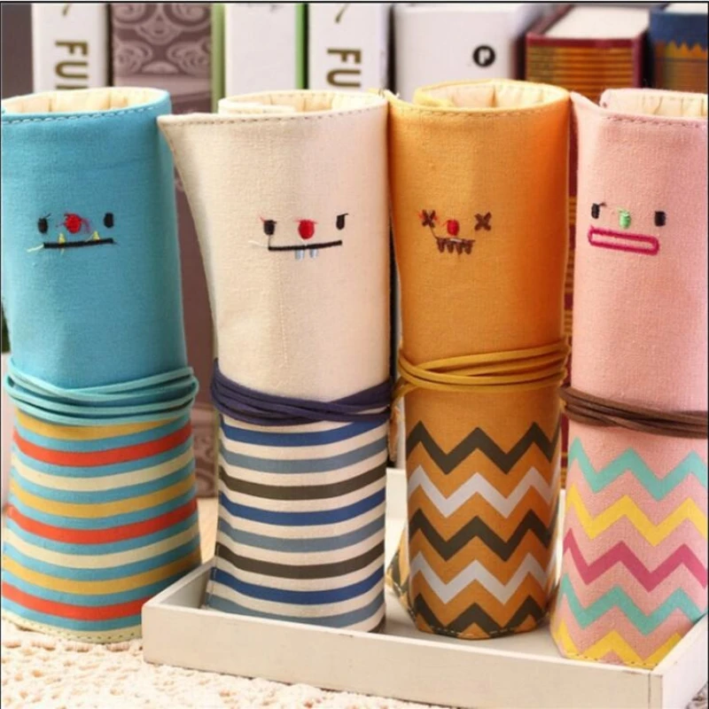 Canvas Smiley Roll Up Pencil Bag Creative Curtain Design Student Stationery Pouch School Supplies