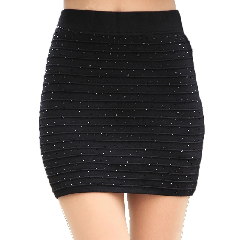 

Knitting Needle Woven Women's Autumn and Winter High Waist Black Paillette Short Sheath Skirt Woman Skirts