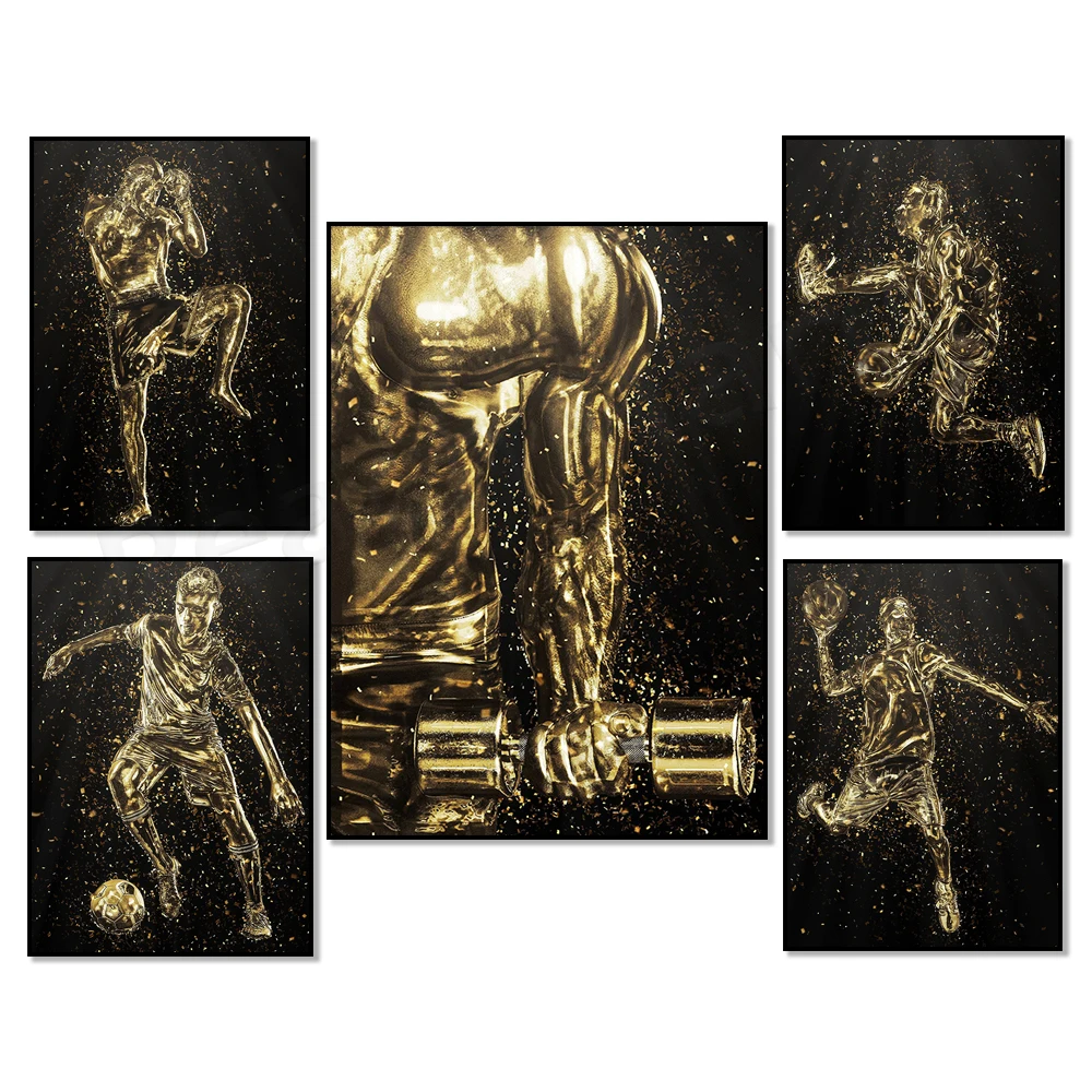 American football, basketball, soccer, kickboxing, bodybuilding golden statue sport poster, muscle workout, sport gym poster