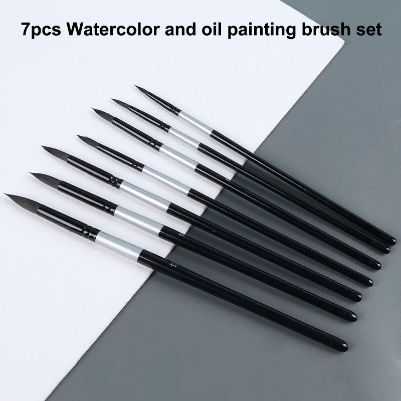 7Pcs Art Brush Set - Round/Pointed Tips For Gouache/H2O | Beginner Artist Kit W/Wood Handle (No Shed)▪
