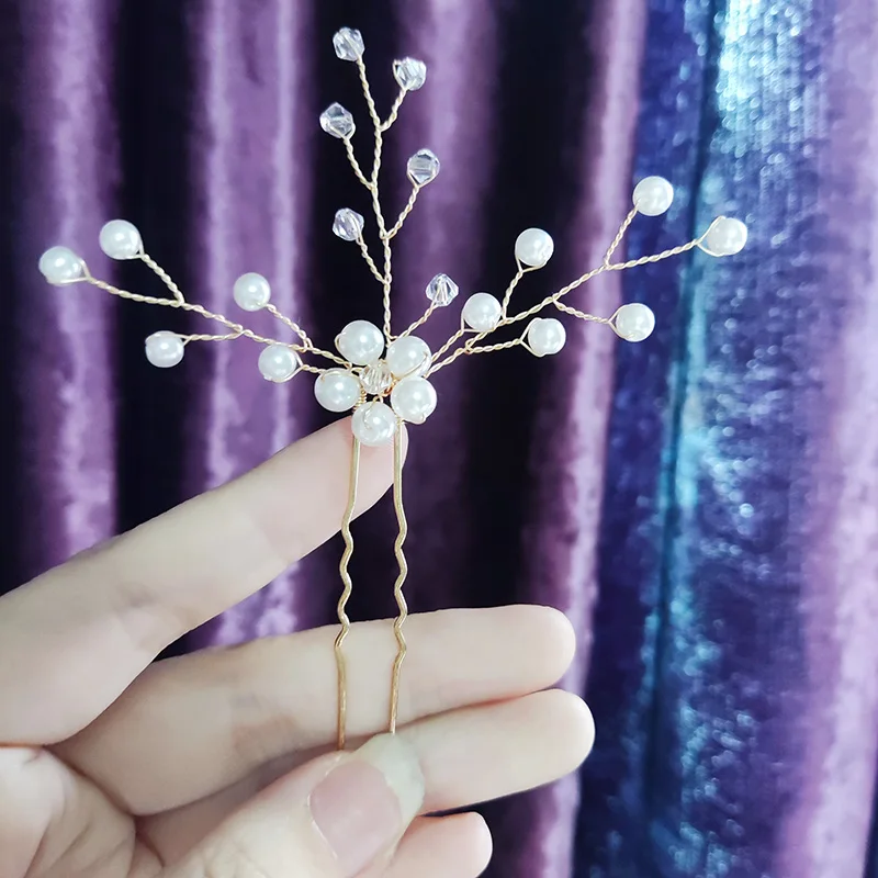 Women Bride Hairpins Hair Clips Headpieces Wedding Hair Jewelry Accessories Crystal Pearls Hair Forks for Bridal Hairstyle