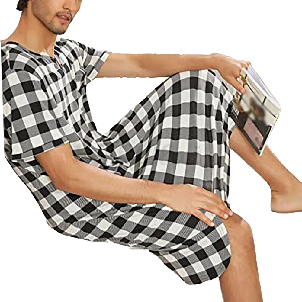 Mens Lattice Short Sleeve V Neckline Nightgown Nightwear Plaid Printed Shirt Nightshirt Casual Loose Sleepwear Home Wear