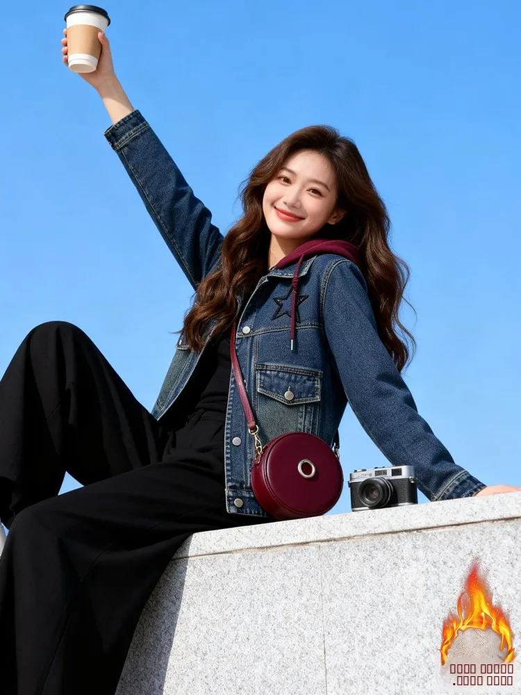 

Faionable Hooded Denim Jaet Women's Thiened Fce Casual Sle Winter New Arrival Slim Fit Leisure Coat Top