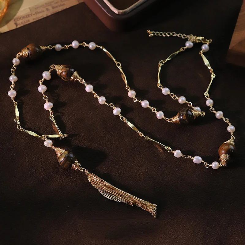 Collar con borlas de ojo de tigre y perlas naturales de agua dulce para mujer, collares con colgante de cadena de clavícula versátil, regalos de joyería
