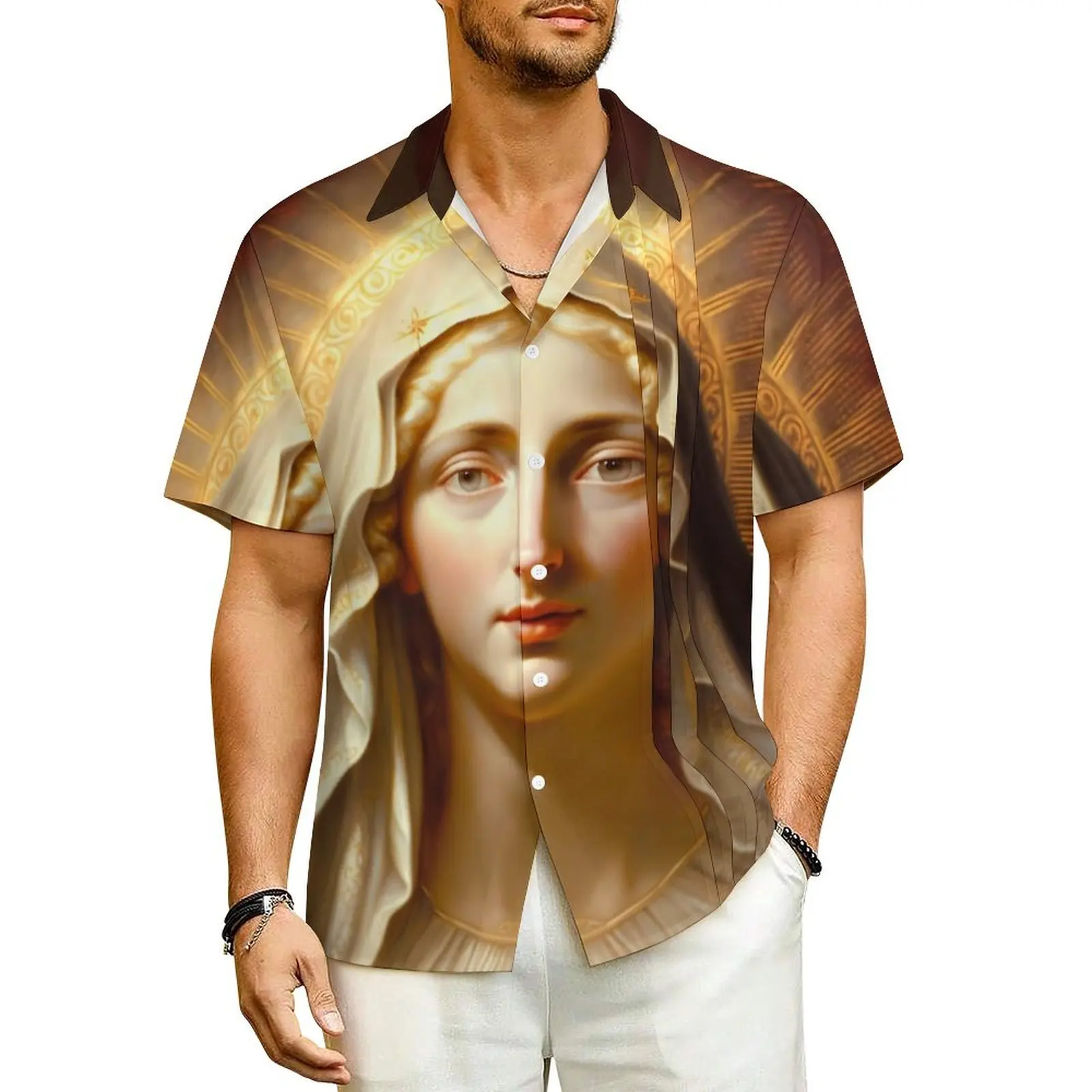 

Mother Virgin Mary Beach Shirt Men Our Lady of Guadalupe Elegant Casual Shirts Hawaiian Short Sleeve Street Plus Size Blouses