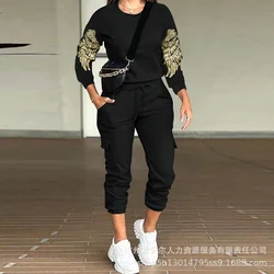 Pant Sets Women Two Piece Sets Sequin Long Sleeve Tracksuit Tops Lace Up Elastic Waist Long Pants Elegant Casual Splice Autumn