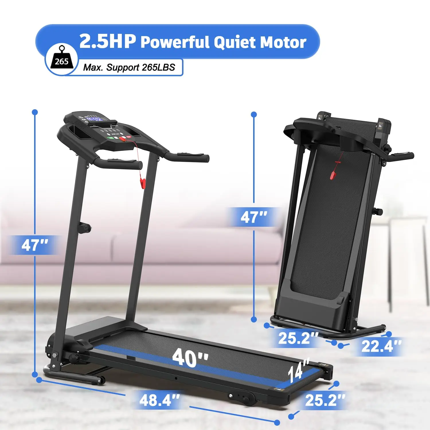 Compact Treadmill 3-Level Manual Incline 2.5HP Motor Heart Rate Sensor 0.5-7.5 MPH LCD Display 265LBS Home Fitness, Customized