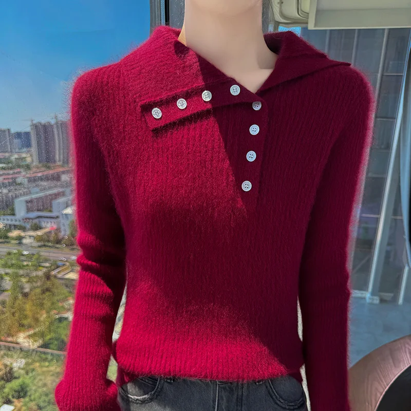 Herbst und Winter 25 neuer gestrickter Damen-Reverspullover aus 100 % Nerzkaschmir, schmale Passform, sexy Damen-Langarmpullover