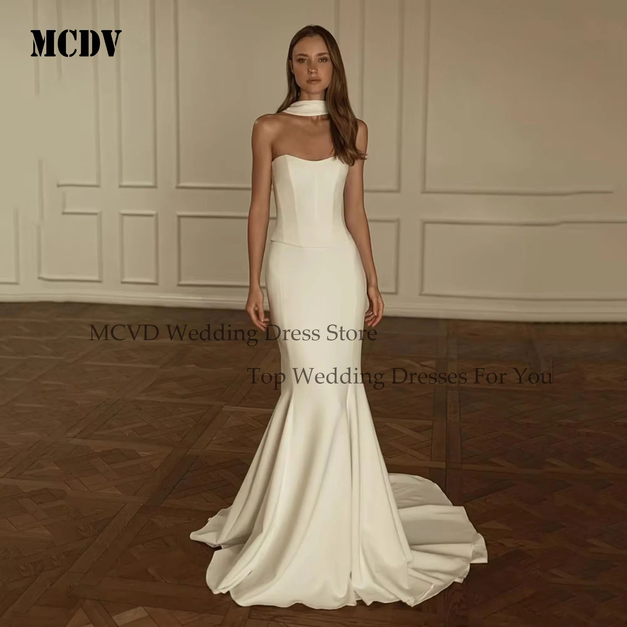 

MCDV Satin Wedding Dress Crepe Sleeveless Strapless Mermaid Bride Gowns Sweap Train Elegant Prom Bridal Gown vestidos de novia