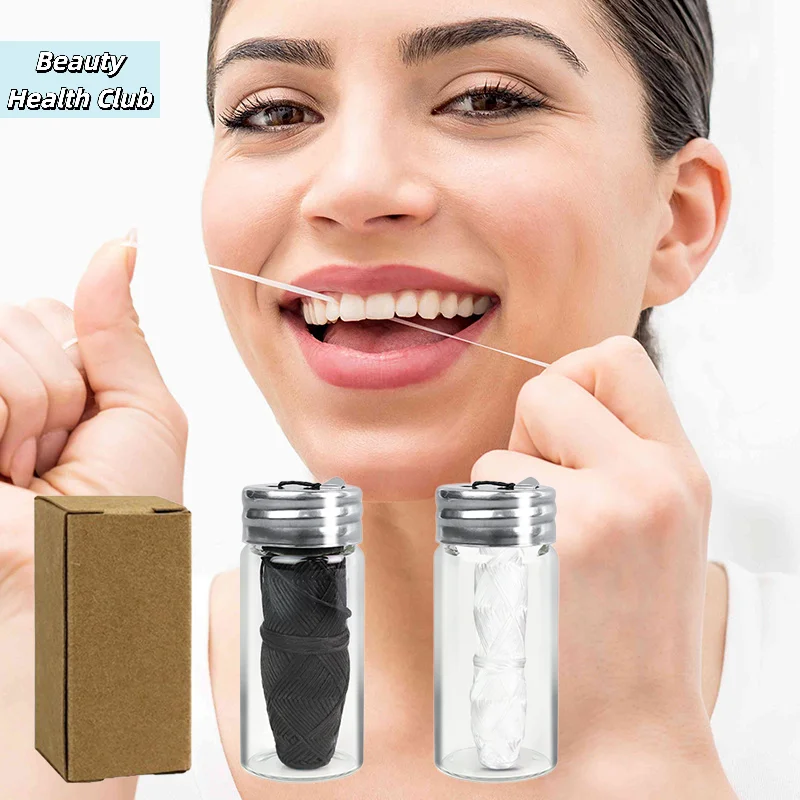 【30m Vegan Biodegradable Bamboo Charcoal Dental Floss With Refillable Glass Holder Mint Flavored Tiny Floss】