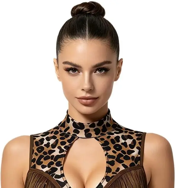 

Women Latin Dance Leopard Bodysuit Tassel Front Keyhole Backless Hollow Out Waist Buttoned Crotch Leotard for Tango Cha Cha