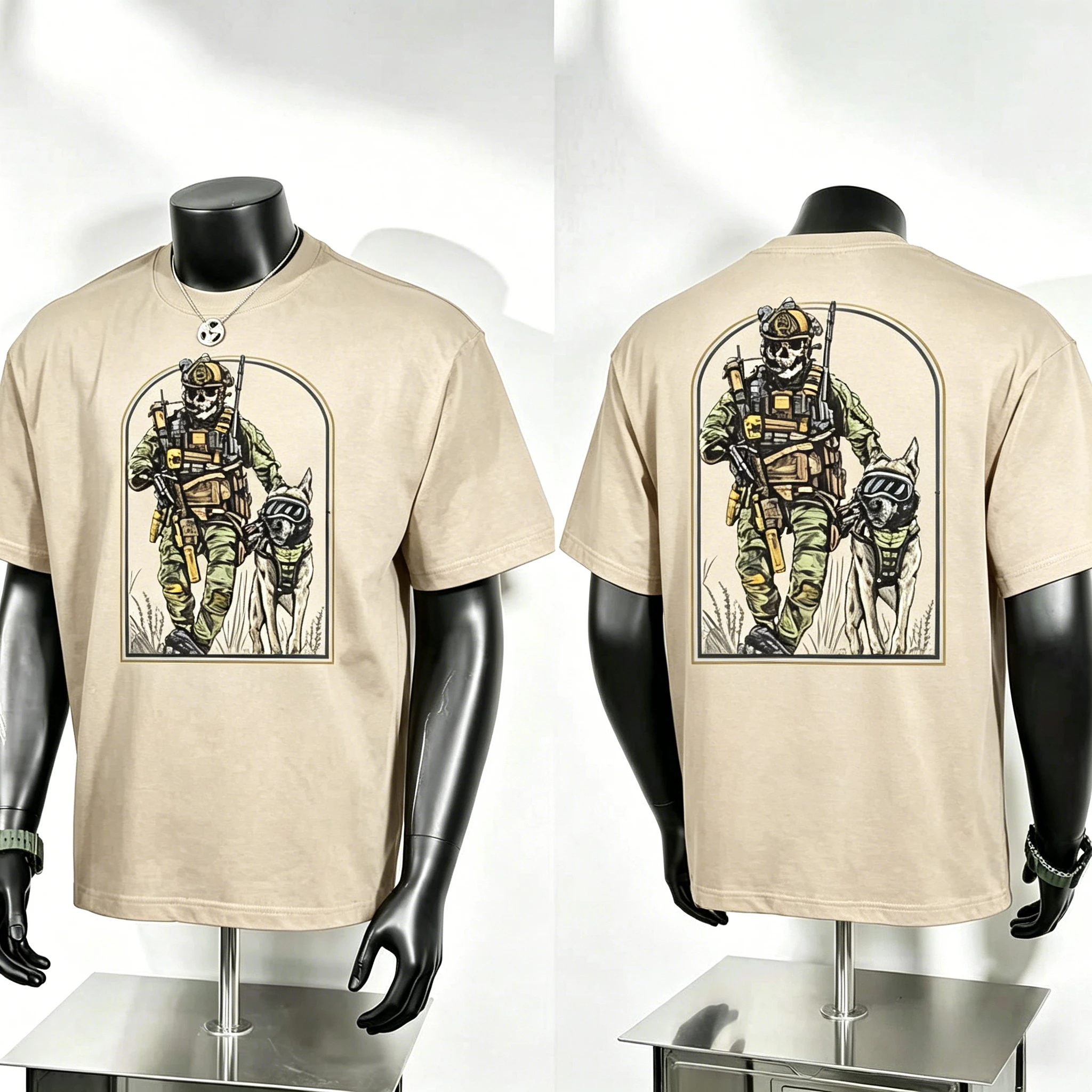 Tactical Warrior K9 Dog Graphic T Shirt, Armed Skeleton Soldier with Tactical Gear and Service Dog Print, Edgy Military Tee