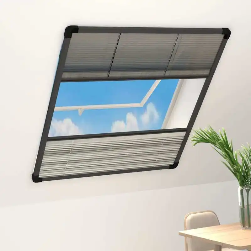 Plissierte Moskitonetz-Aluminiumgitter 80x100 cm, anthrazitfarbener Rahmen, schwarze Netzgewebe, weißes PET-Vordach, ideal für Dachfenster