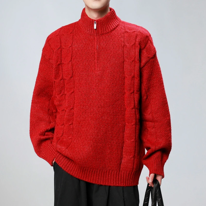 Polo Sweater Men's Quarter Zip Pullover Sweater Cable Knit Mock Neck Polo Sweater Classic Casual Sweater with Ribbing Edge