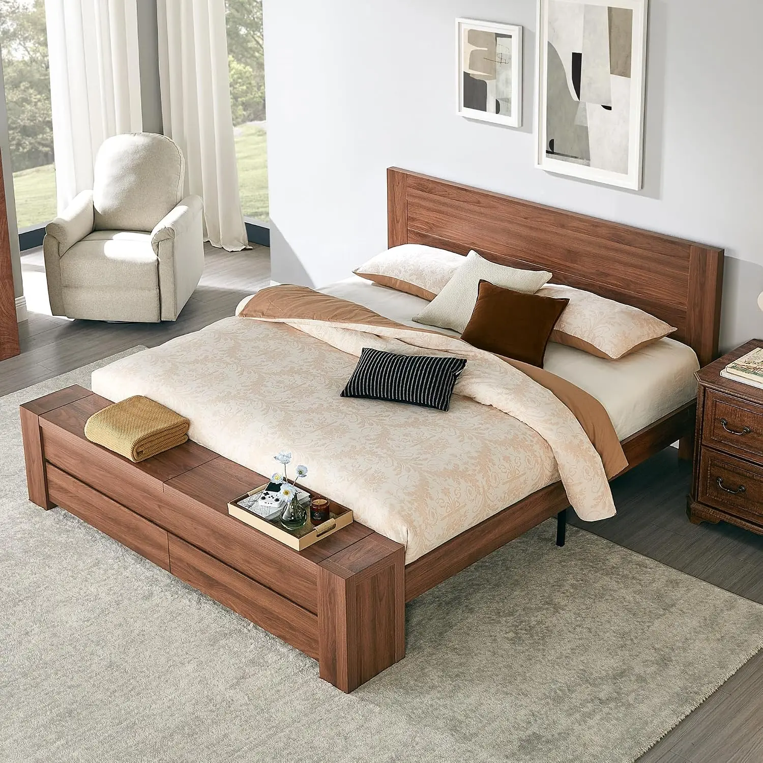 King Bed Frame With Headboard & Footboard Storage Bench Light Walnut, Customized