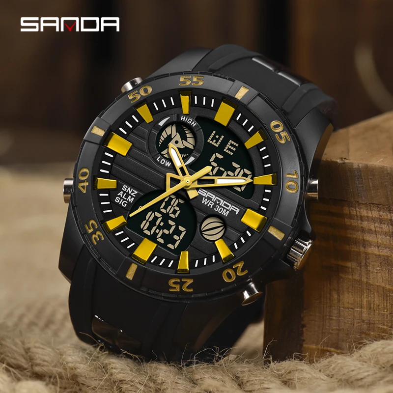 Sanda Fashion Brand Sports Mens Dual Display Watch Waterproof Silicone Strap Led Multifunctional Chronograph Luminous Watches