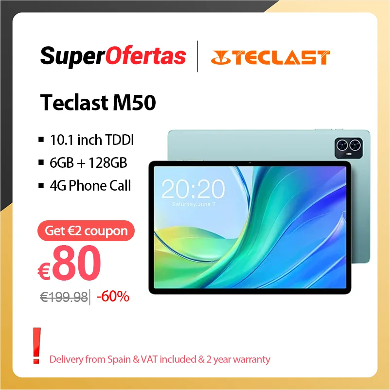 Teclast M50 10.1 inch Tablet Android 13 UNISOC T606 Octa Core 1280x800 6GB RAM 128GB ROM 4G Network Dual Wifi 6000mAh Tablet