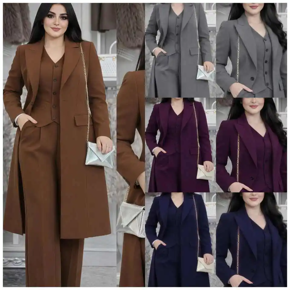 Sophisticated Women's 3-Piece Blazer Set with Long Coat & Wide-Leg Pants Formal Suit for Office Gala Event Garment Customized