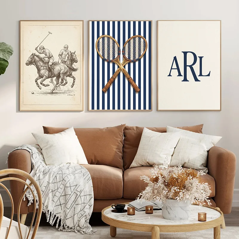 Vintage Preppy Polo Horse Tennis Racket National Flag Wall Art Navy Striped Classic Sport Poster for Living Room Office Decor