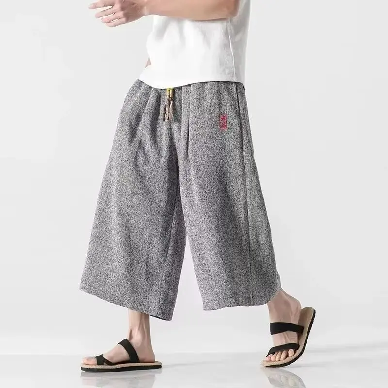 Men's Calf-Length Wide Leg Pant Japanese Samurai Harajuku Casual Loose Mens Bath Shorts Japan Style Kimono Pants Yukata Trousers