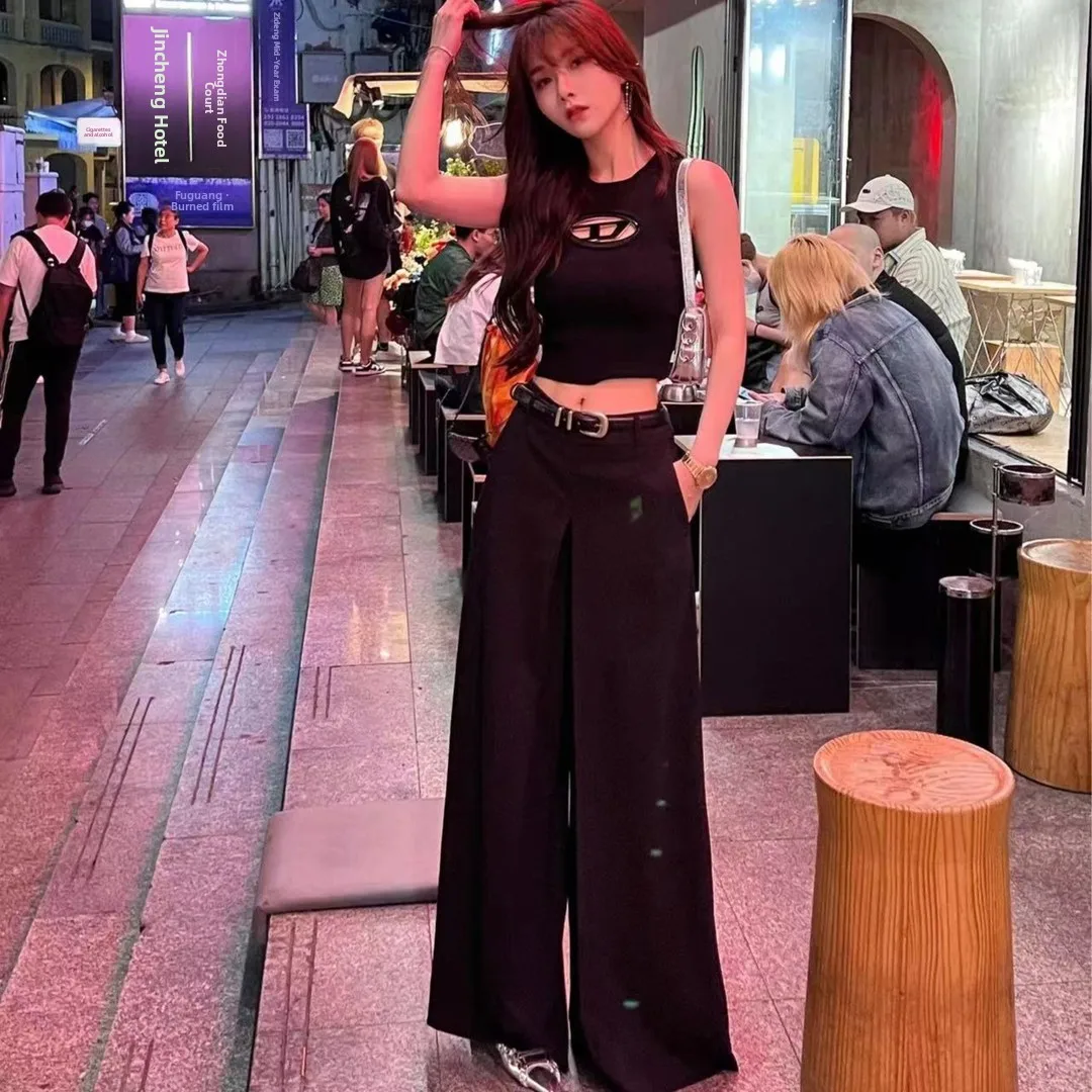 Kaka Women's Wide Leg Pants Asymmetric High Waist Cotton Casual Trousers London Accent Personality Design High-End Feeling