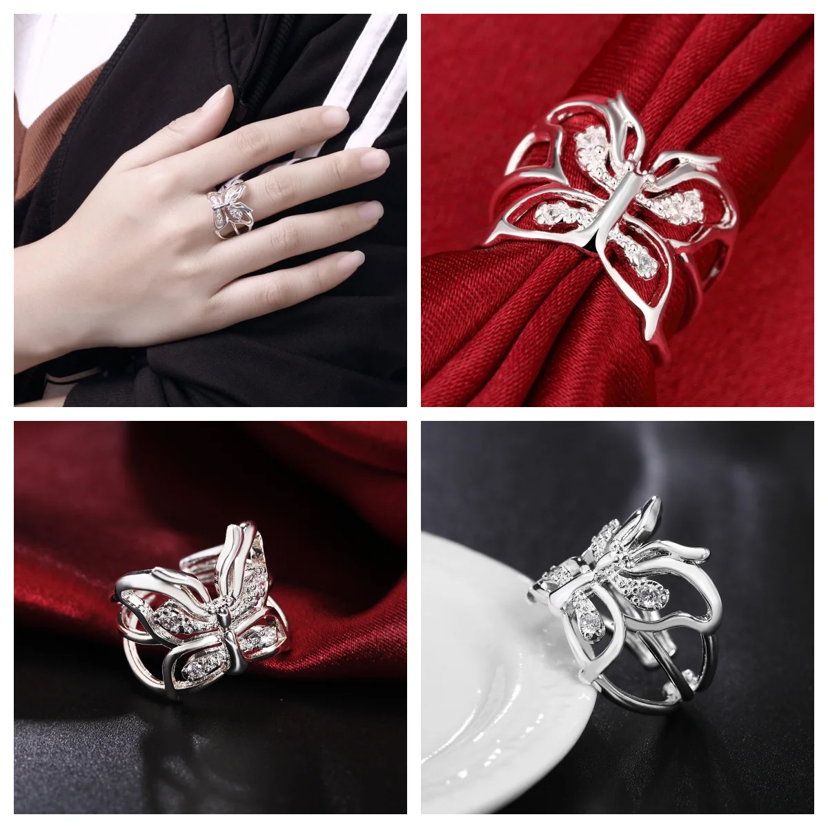 

Charm 925 Sterling Silver Crystal butterfly Ring For Women adjustable Fashion Retro Wedding Party Gift high quality Jewelry