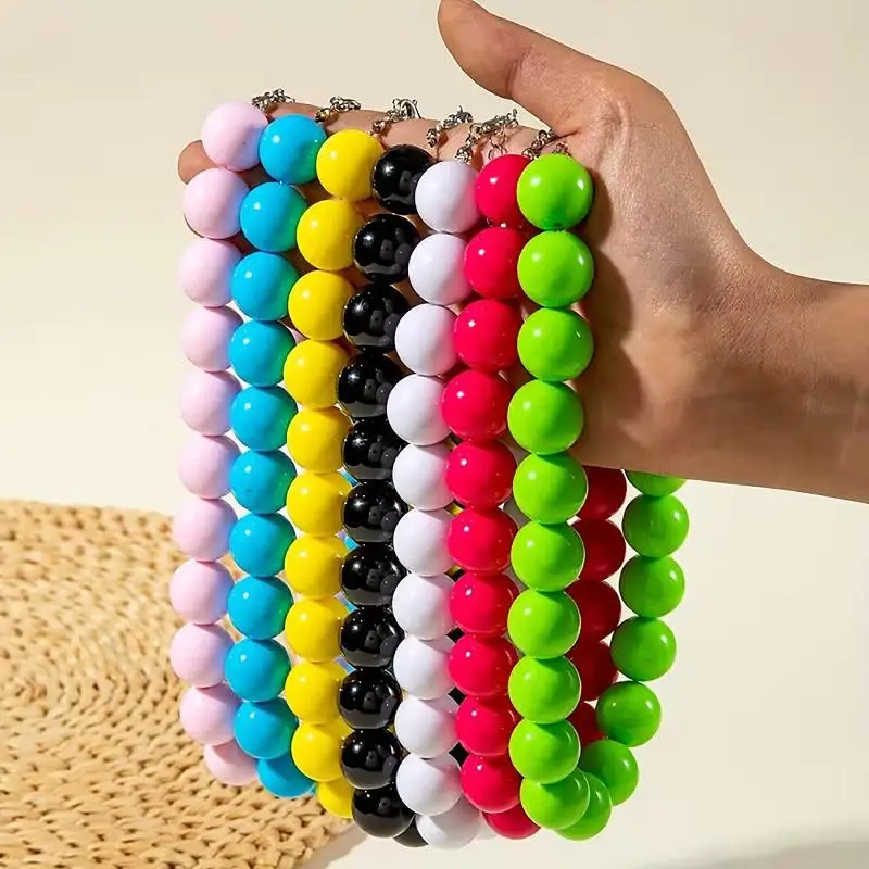 Summer Boho 2Pcs Rainbow Plastic Beads Jewelry Set Choker Necklace Earrings for Women Beach Holiday Accessories