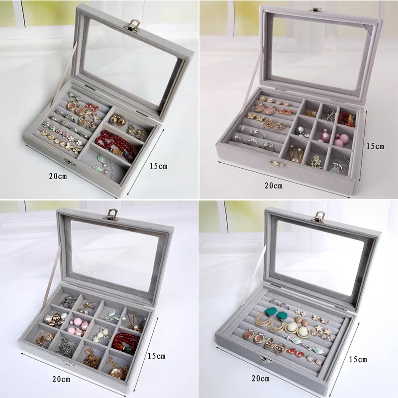 Velvet & Glass Jewelry Display Organizer Box - Tray Holder Storage Case for Rings & Earrings