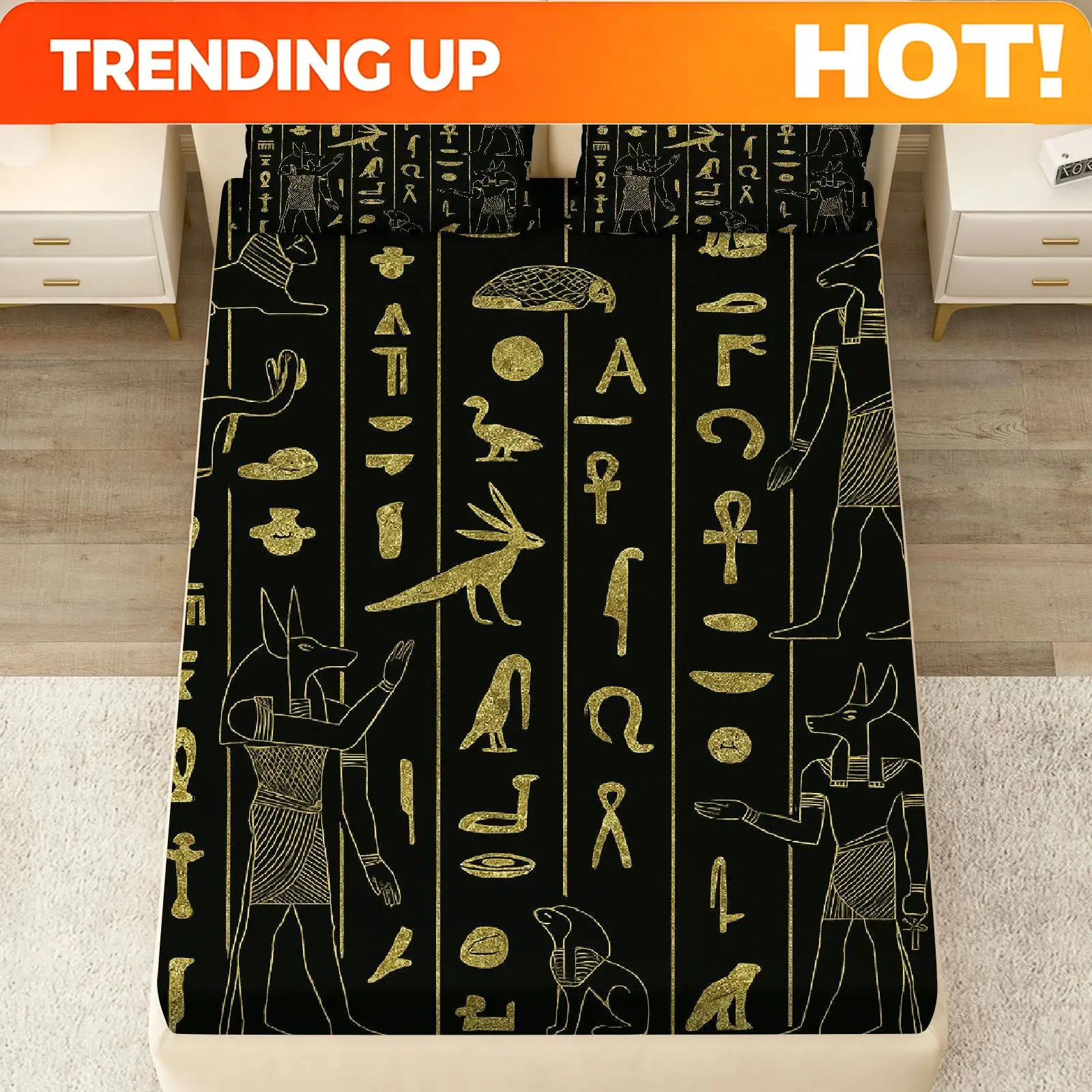Customize 3pcs Egyptian Hieroglyphics Golden Black Fitted Sheet Three Piece Set (1*Fitted Sheet+2*Pillowcases, Coreless), Hallow