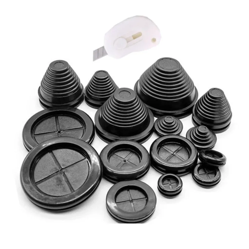 30Pcs Rubber Grommet Kit Tower Shaped & Round Double Sided Hole Plug with Retractable Knife for Firewall Wire Protection