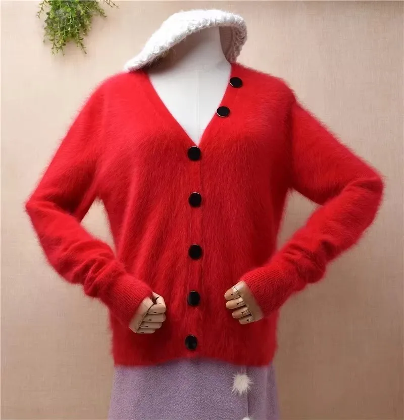 

Women Mujer Autumn Winter Christmas Red Soft Hairy Angora Rabbit Hair Knitted V-Neck Long Sleeves Loose Caridgans Sweater Jacket