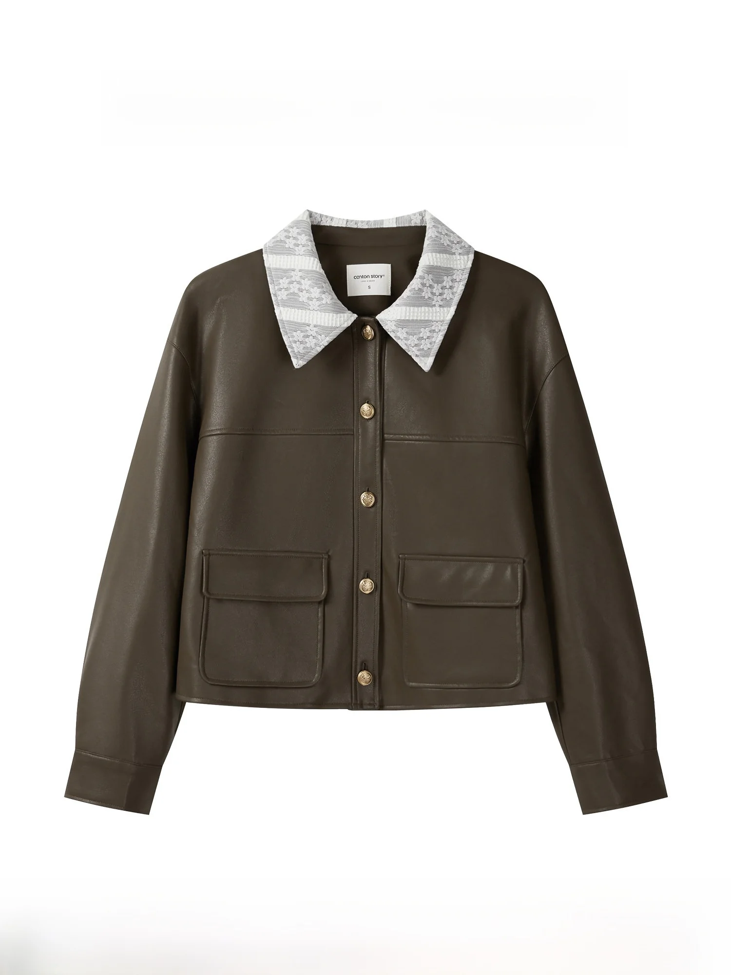 Jaqueta Feminina Americana de Couro com Gola de Renda Solta, Estilo Vintage Retrô, Coleção S de Yang Ci