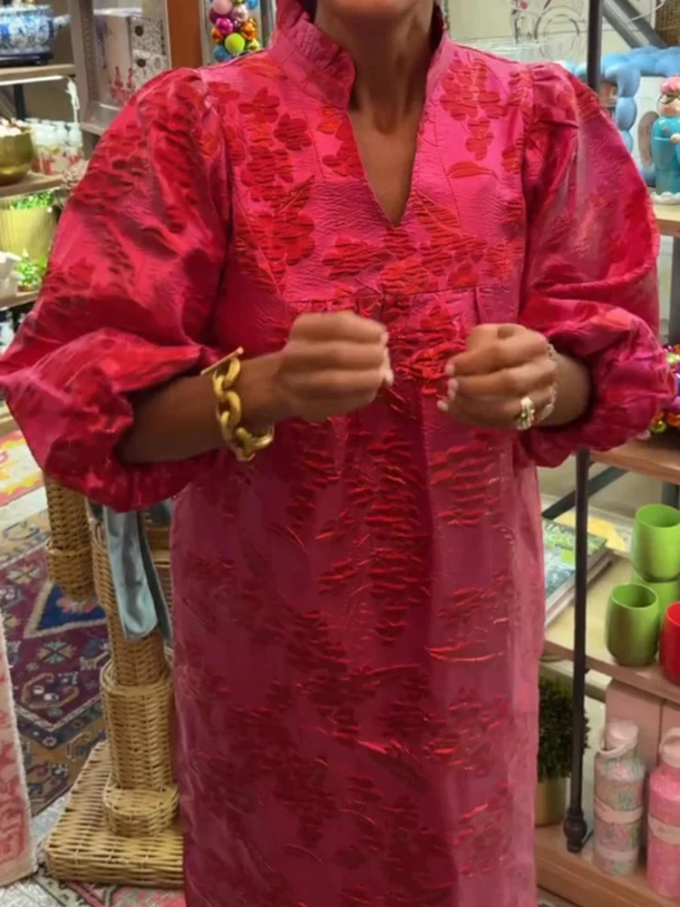 Elegant V-neck Jacquard Long Sleeve Dress Fashion Casual Loose Commute Robes Women Autumn New Side Split Pleated A-line Dresses