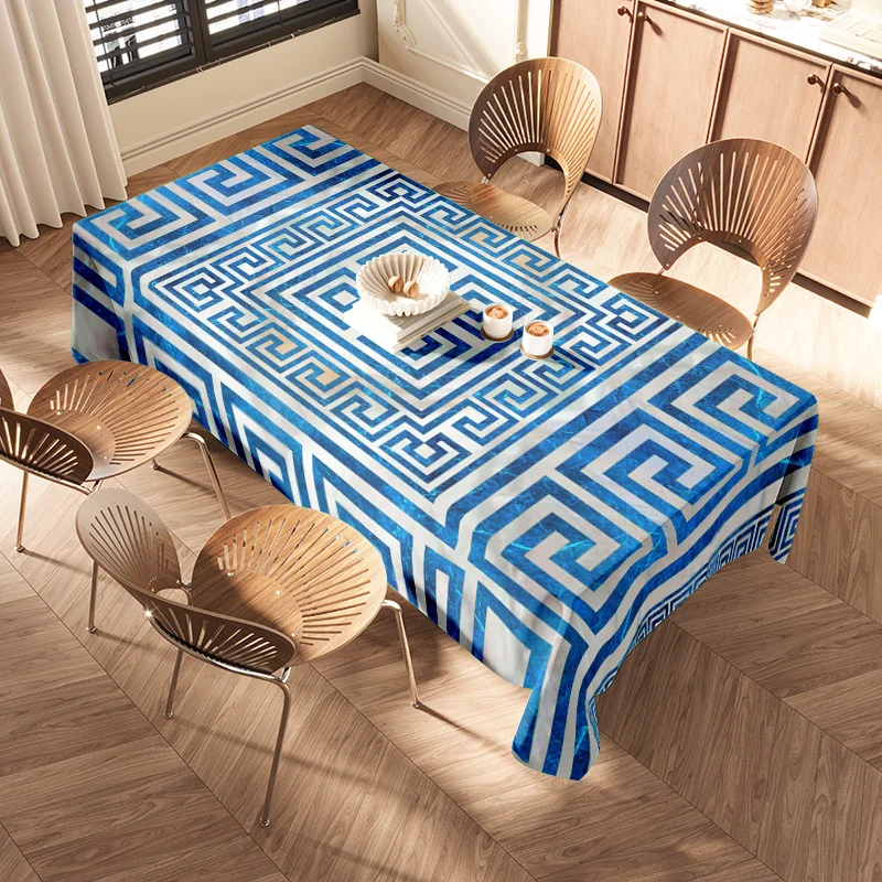 Blue and White Greek Key Pattern Tablecloth for Home Dining Room Decor - Washable Polyester 160x240cm