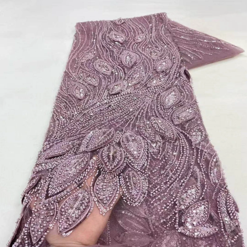 Luxury African Beaded Lace Fabric High Quality 2026 Beads 3d Embroidery French Tulle Laces 5 Yards for Nigerian Wedding Dress 5