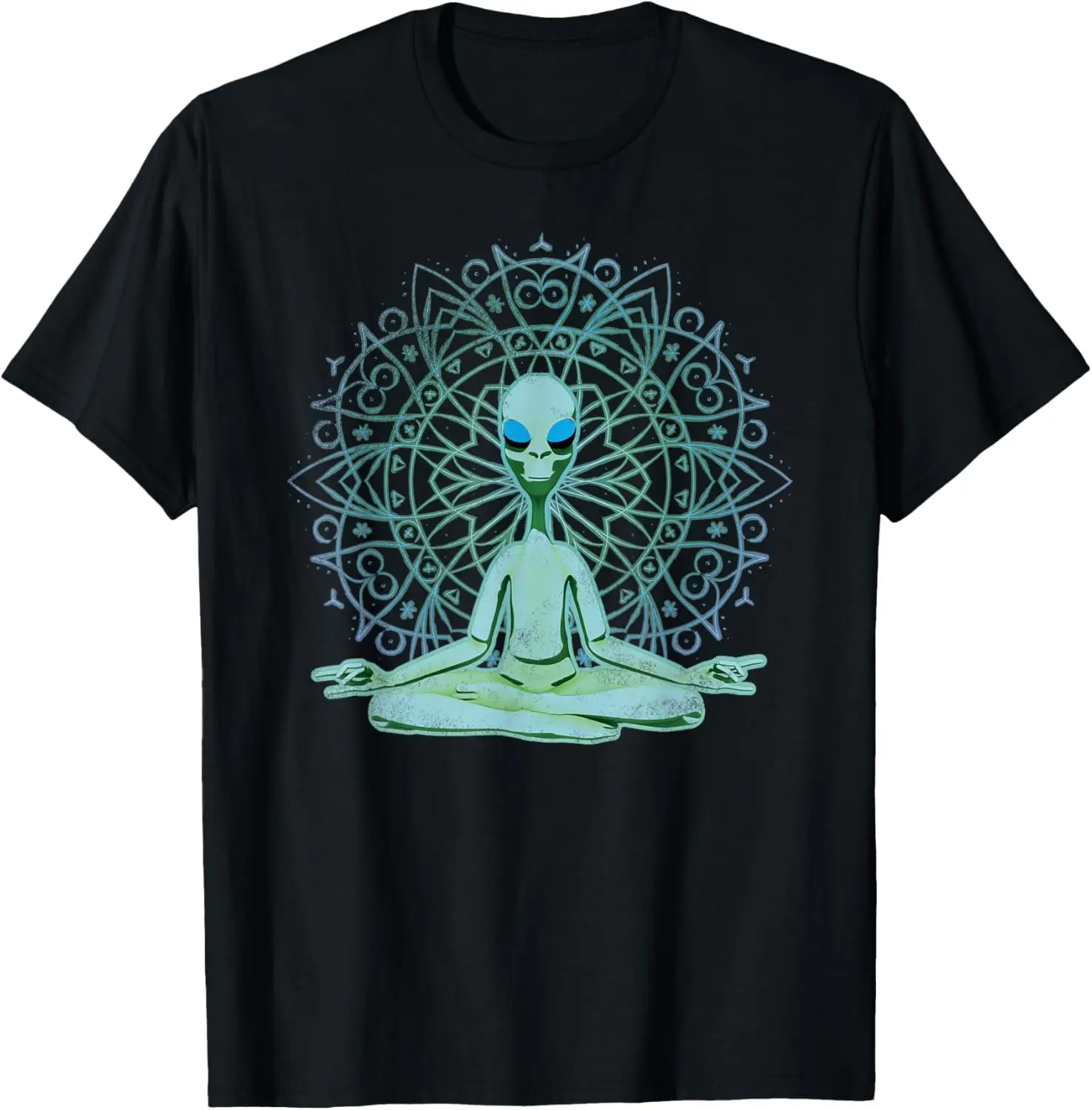 UFO Alien Mandala Meditating Green Alien Lotus Zen Graphic T-Shirt