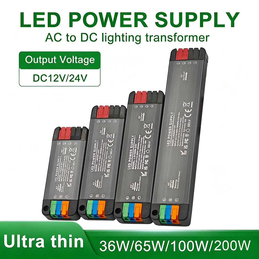 Alimentation LED ultra-mince DC12V 24V 36W 65W 100W 200W, transformateur d'éclairage à tension constante pour bande LED